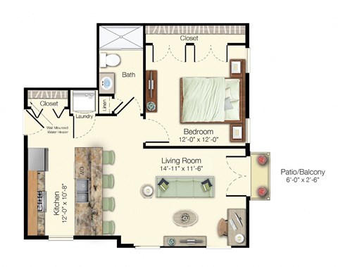 Floor plan for 1 bed, 1 bath, 654 sqft